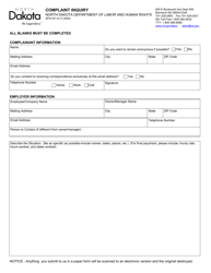 Form SFN52114 &quot;Complaint Inquiry&quot; - North Dakota