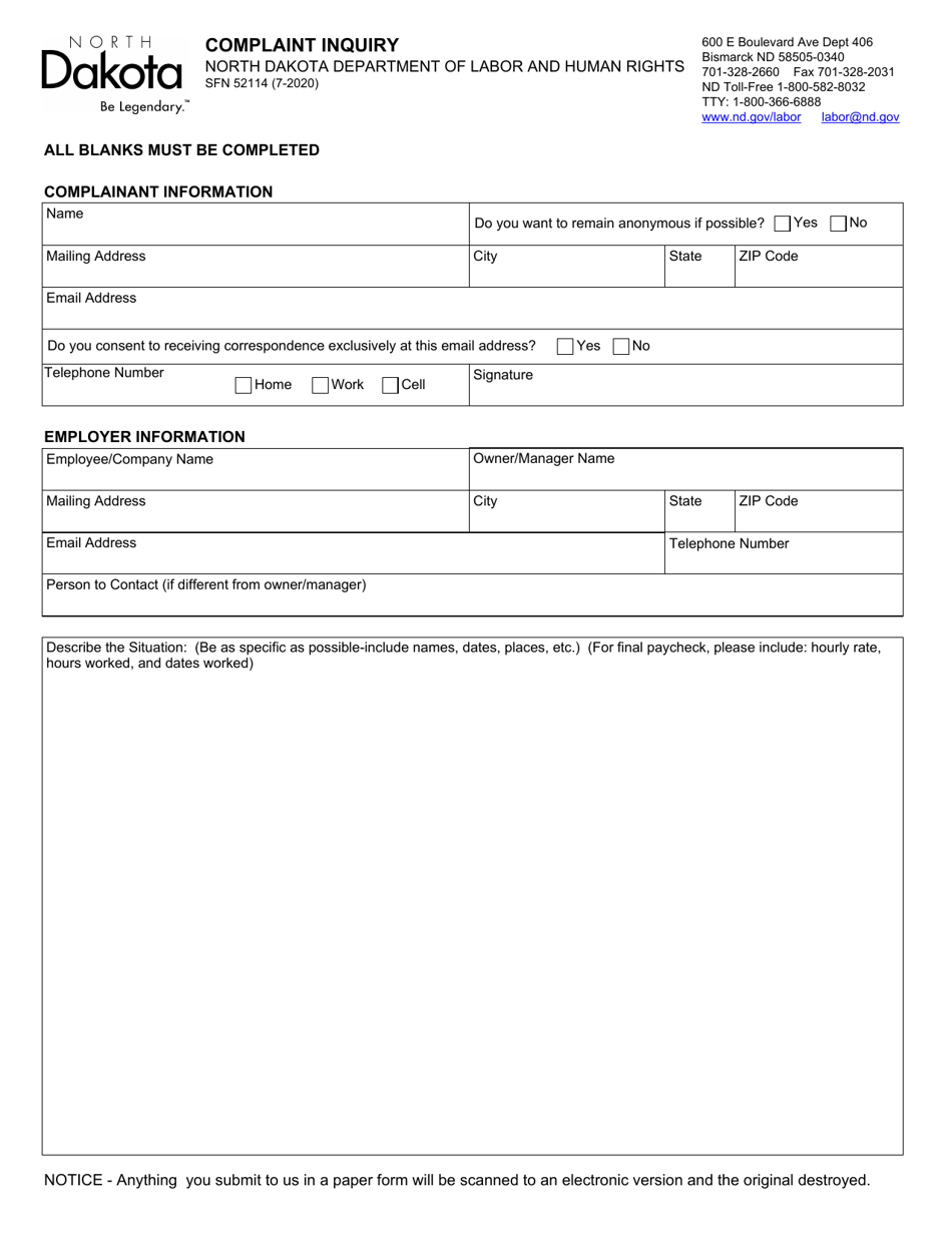 Form SFN52114 Complaint Inquiry - North Dakota, Page 1