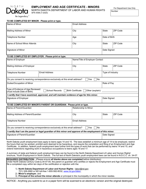 Form SFN4598 Employment and Age Certificate - Minors - North Dakota