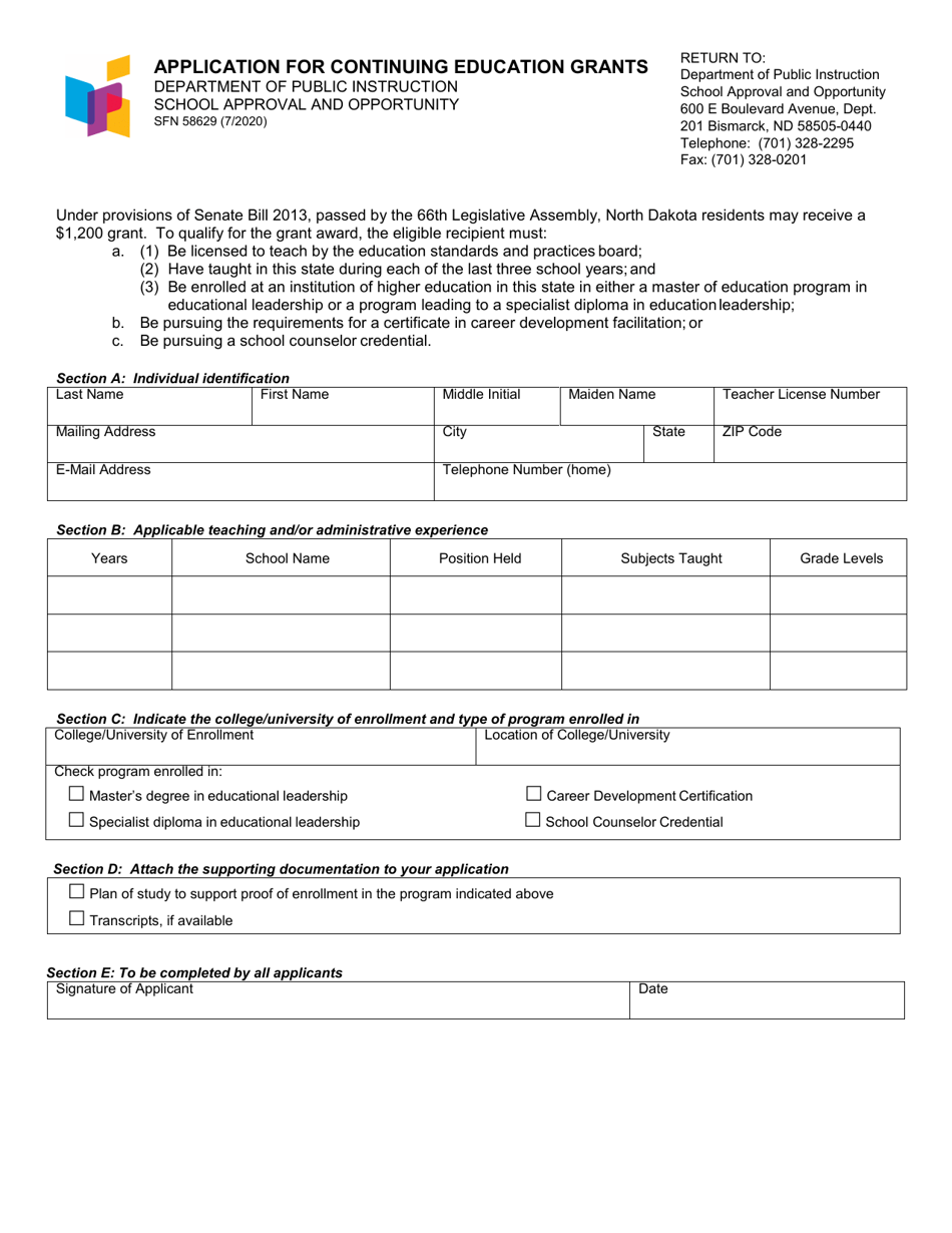 Form SFN58629 Application for Continuing Education Grants - North Dakota, Page 1