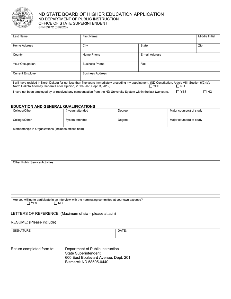 Form SFN53472 Nd State Board of Higher Education Application - North Dakota, Page 1