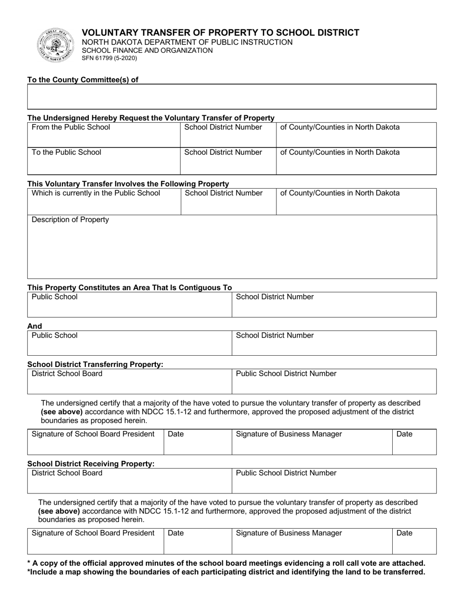 Form SFN61799 Voluntary Transfer of Property to School District - North Dakota, Page 1