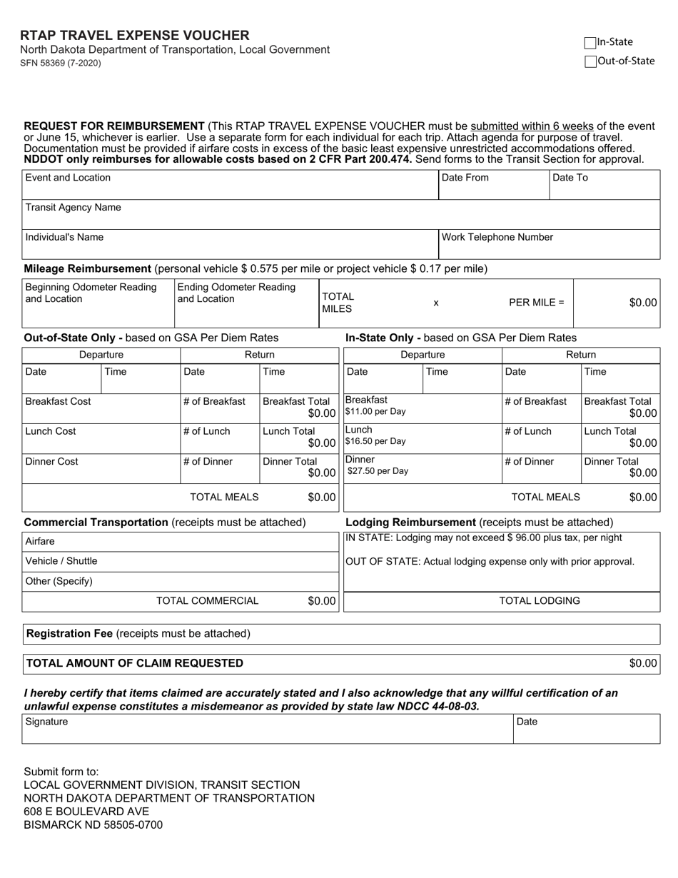Form SFN58369 Rtap Travel Expense Voucher - North Dakota, Page 1