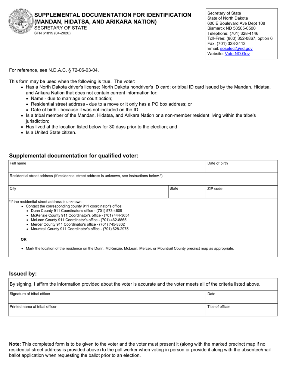Form SFN61819 Supplemental Documentation for Identification (Mandan, Hidatsa, and Arikara Nation) - North Dakota, Page 1