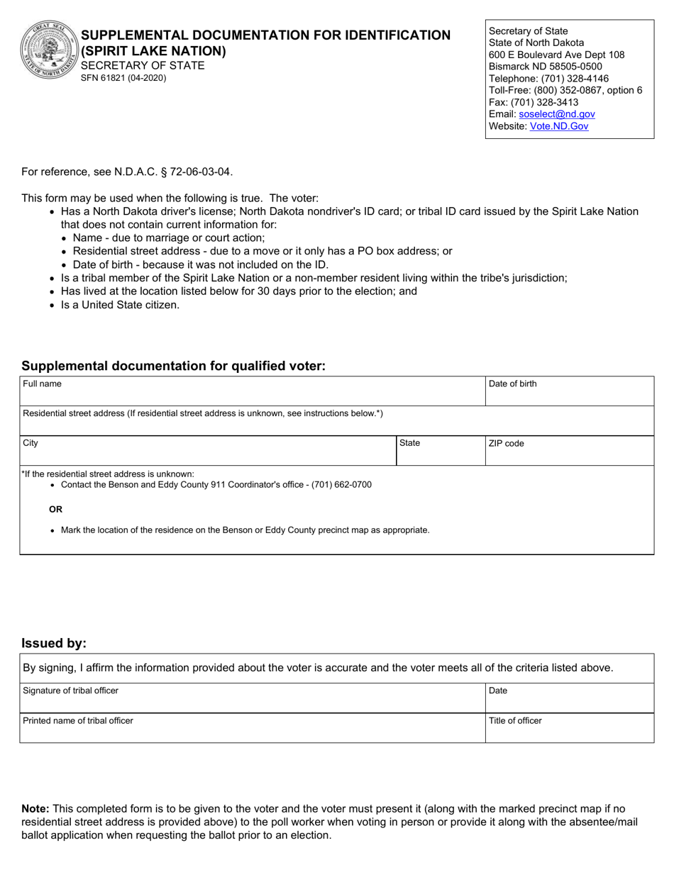 Form SFN61821 Supplemental Documentation for Identification (Spirit Lake Nation) - North Dakota, Page 1