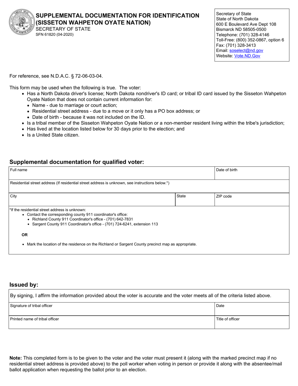 Form SFN61820 Supplemental Documentation for Identification (Sisseton Wahpeton Oyate Nation) - North Dakota, Page 1