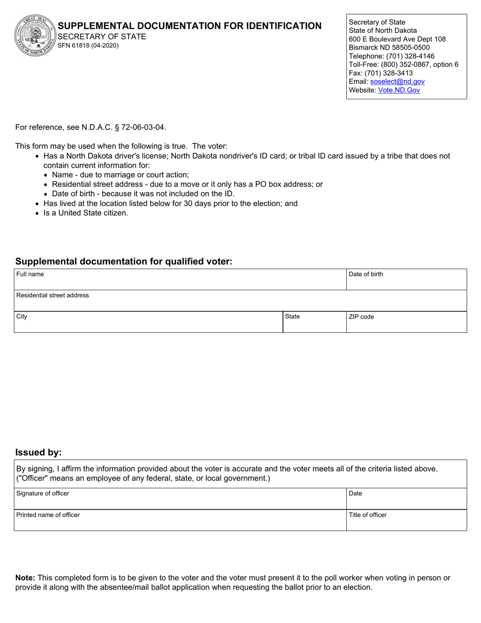Form SFN61818 Supplemental Documentation for Identification - North Dakota, Page 1