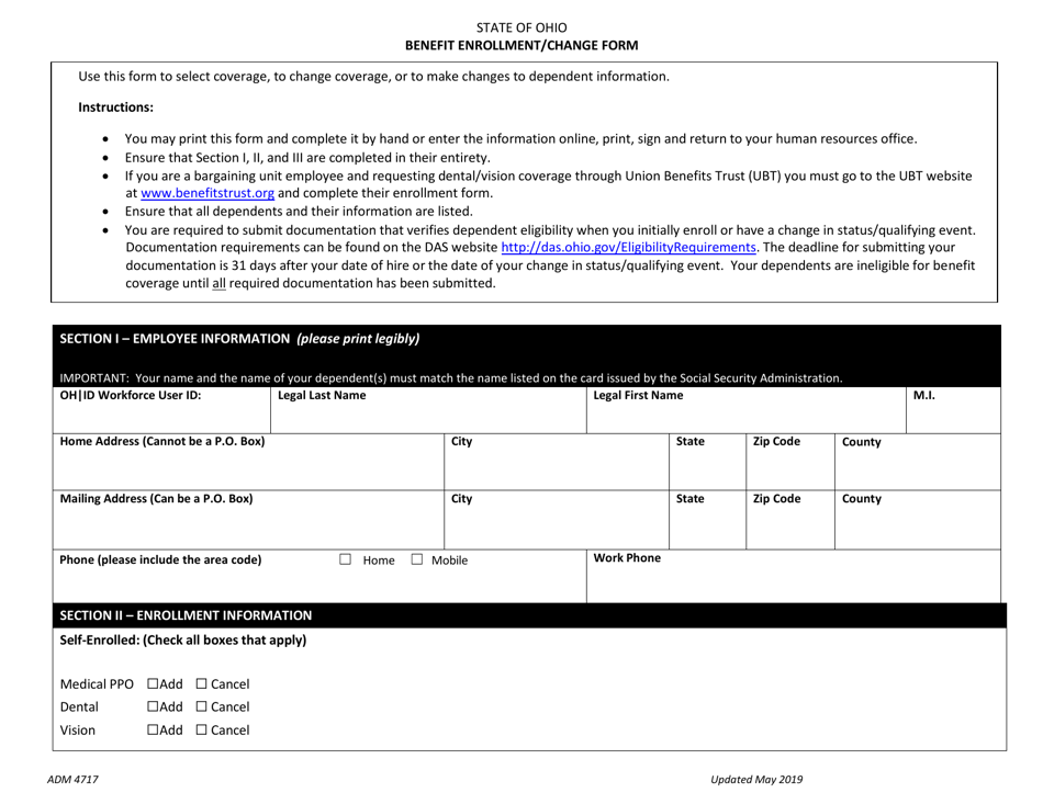 Form ADM4717 Benefit Enrollment / Change Form - Ohio, Page 1
