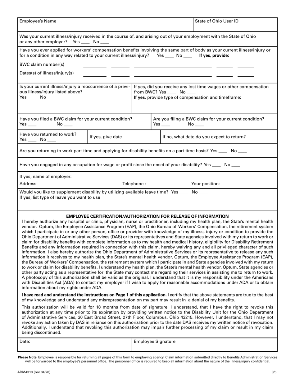 Form ADM4310 Application for Disability Leave Benefits Employee Statement - Ohio, Page 3