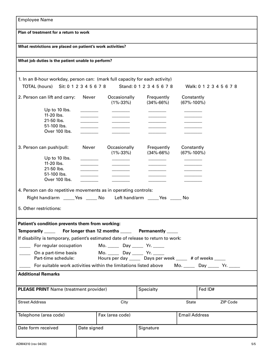 Form ADM4310 Application for Disability Leave Benefits Employee Statement - Ohio, Page 5