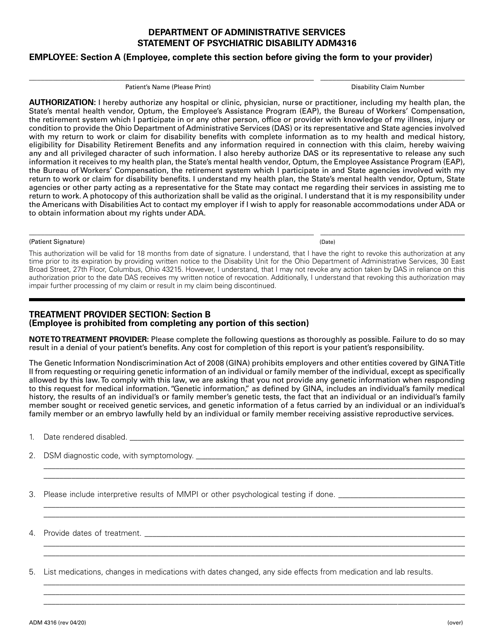 Form ADM4316 Statement of Psychiatric Disability - Ohio