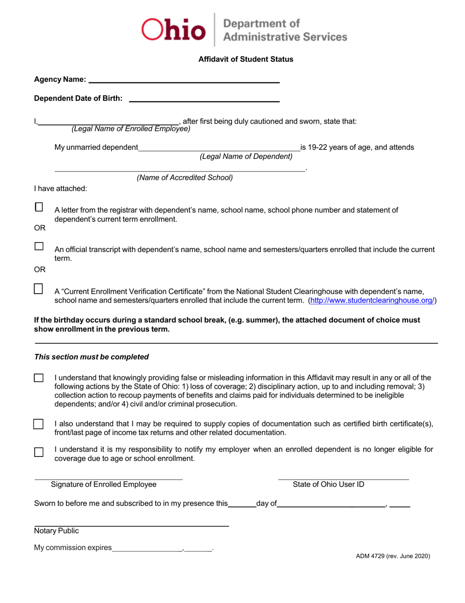 Form ADM4729 Affidavit of Student Status - Ohio, Page 1