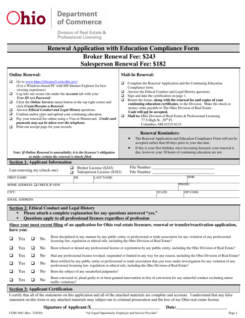 Form COM3681 Renewal Application With Education Compliance Form - Ohio