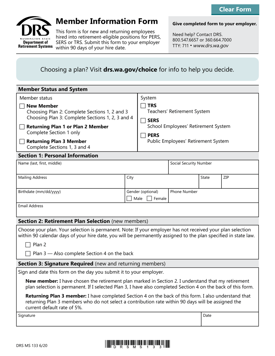 Form DRS MS133 Member Information Form - Washington, Page 1