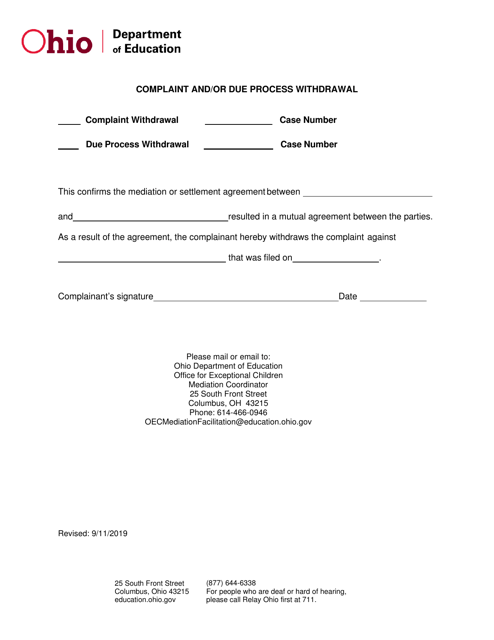 Complaint and / or Due Process Withdrawal - Ohio Download Pdf