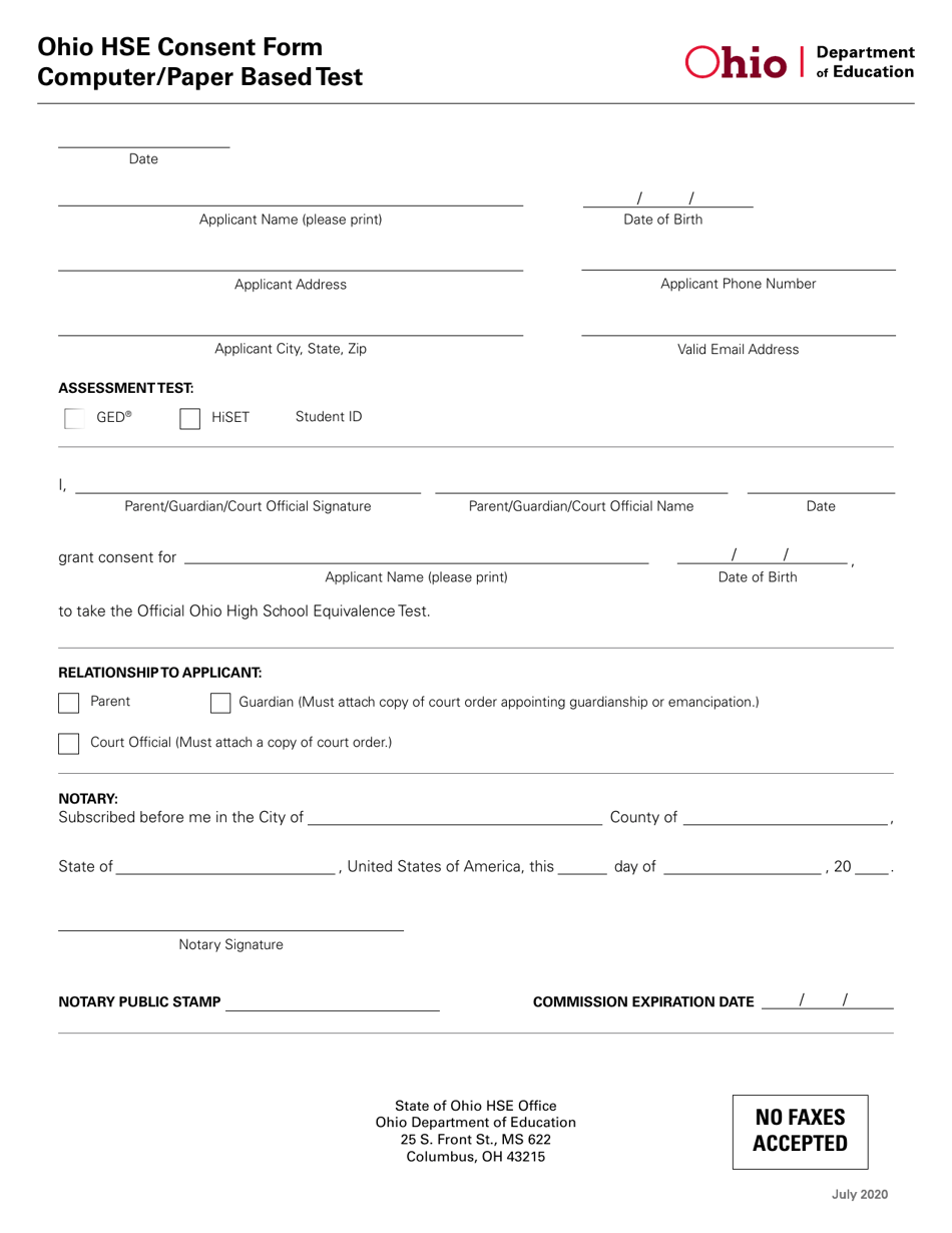 Ohio Hse Consent Form Computer / Paper Based Test - Ohio, Page 1