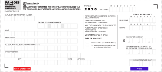 Document preview: Form PA-40ES Declaration of Estimated Tax or Estimated Withholding Tax for Fiduciaries, Partnerships & Other Pass Through Entities - Pennsylvania, 2020
