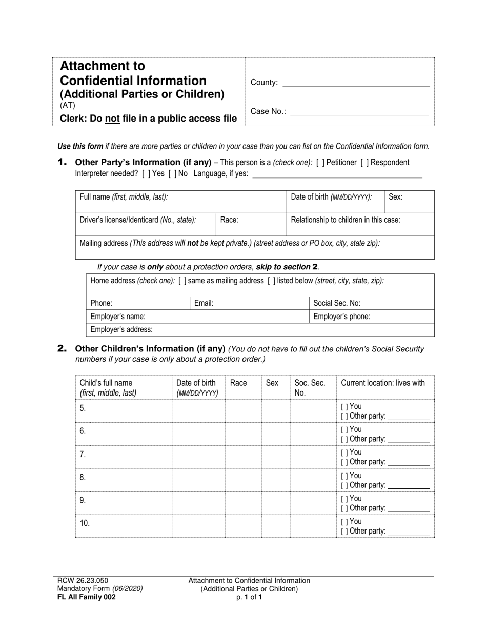 Form FL All Family002 Attachment to Confidential Information (Additional Parties or Children) - Washington, Page 1