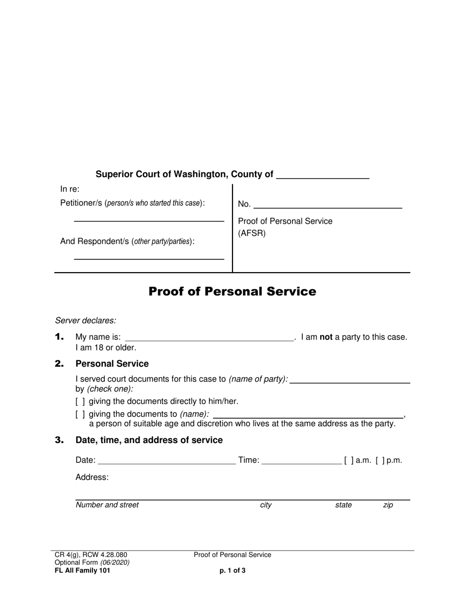 Form FL All Family101 Proof of Personal Service - Washington, Page 1
