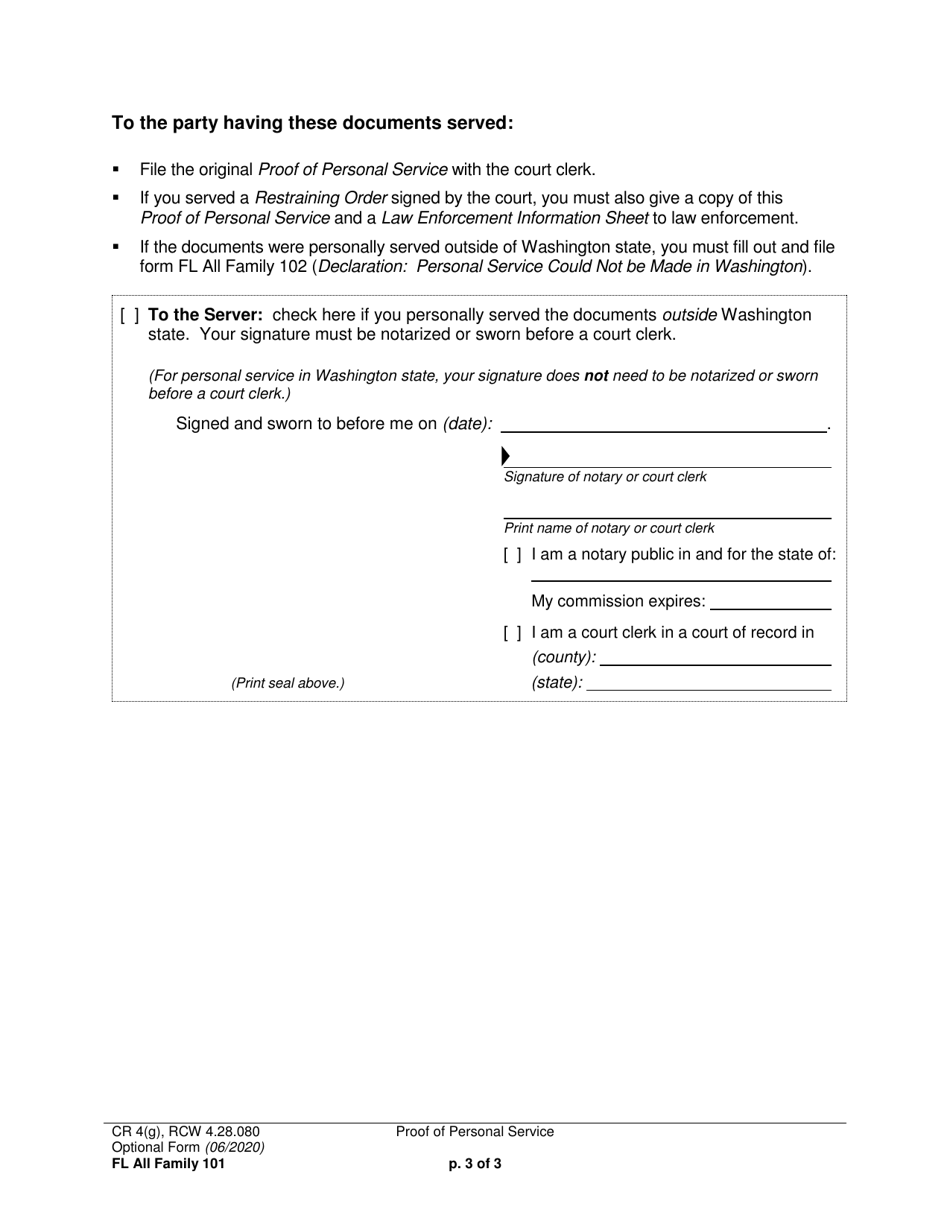 Form FL All Family101 Proof of Personal Service - Washington, Page 3