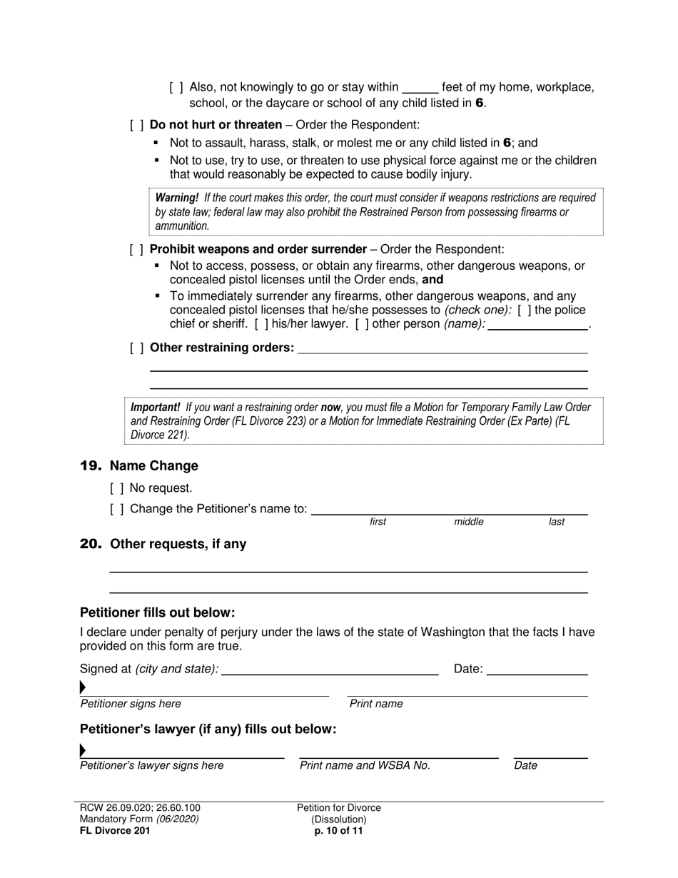 Form FL Divorce201 Petition for Divorce (Dissolution) - Washington, Page 10