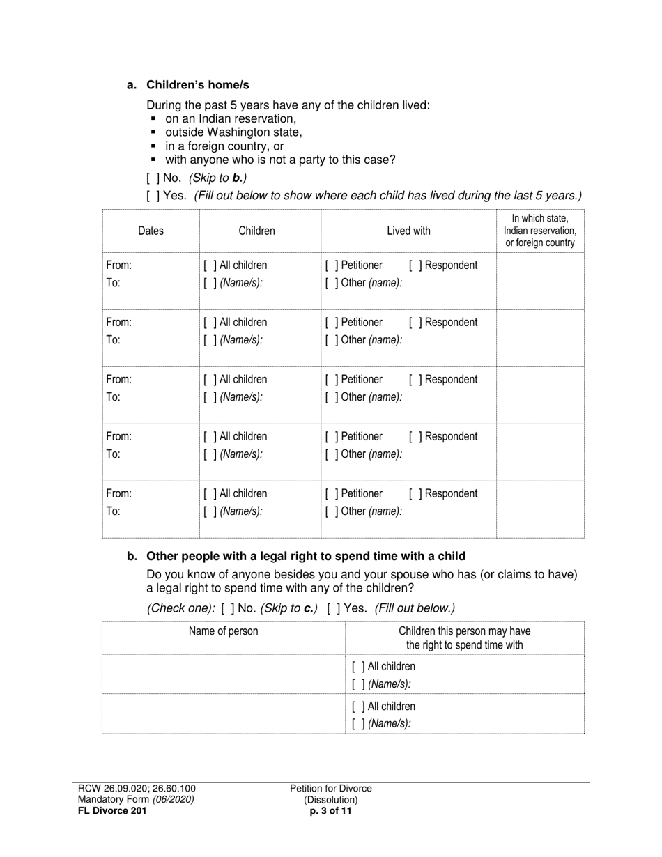 Form FL Divorce201 Petition for Divorce (Dissolution) - Washington, Page 3