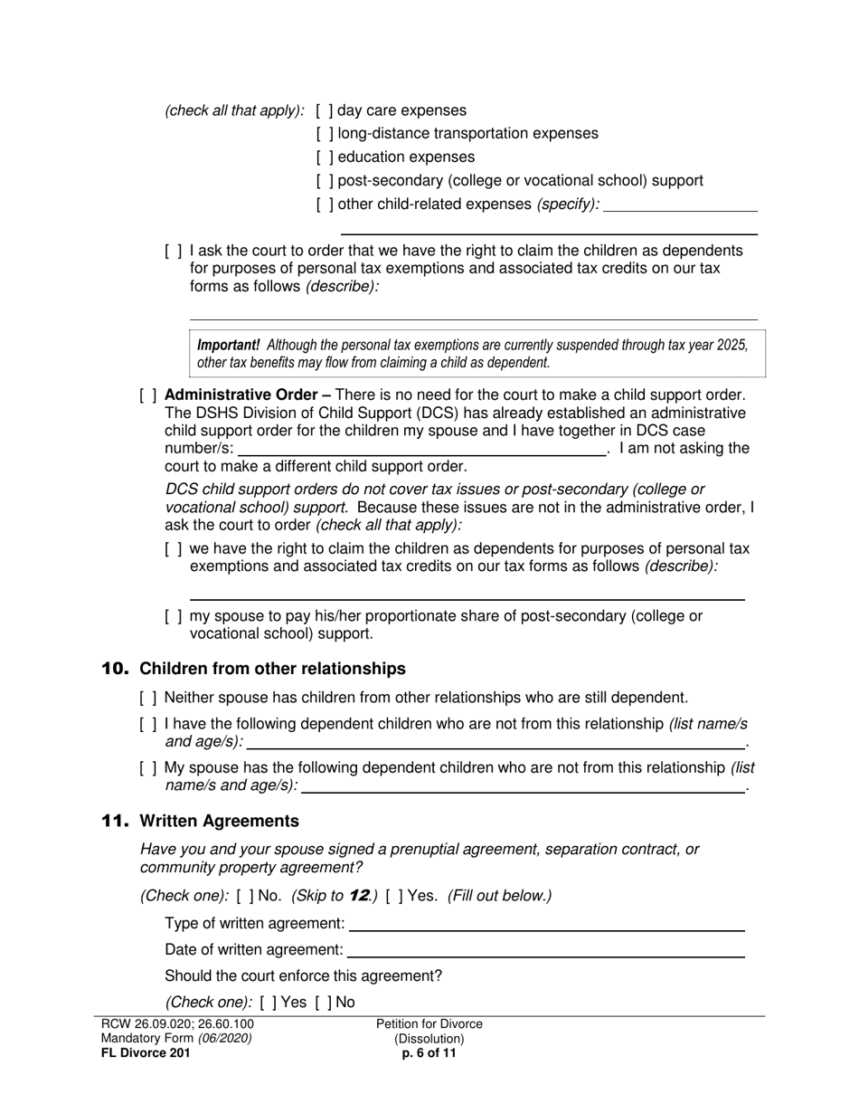 Form FL Divorce201 Petition for Divorce (Dissolution) - Washington, Page 6