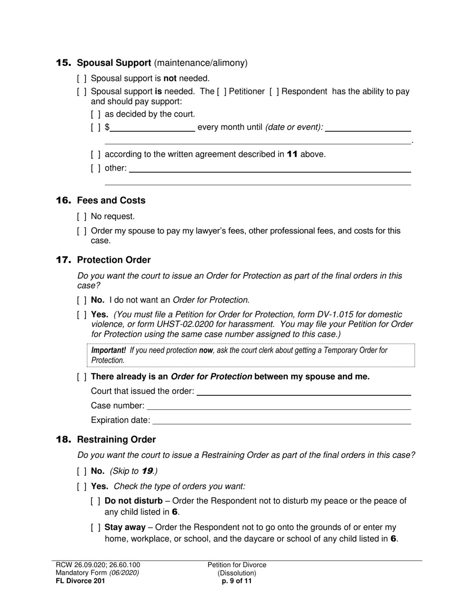 Form FL Divorce201 Petition for Divorce (Dissolution) - Washington, Page 9