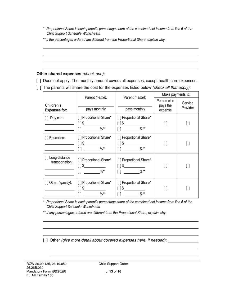 Form FL All Family130 Child Support Order - Washington, Page 13