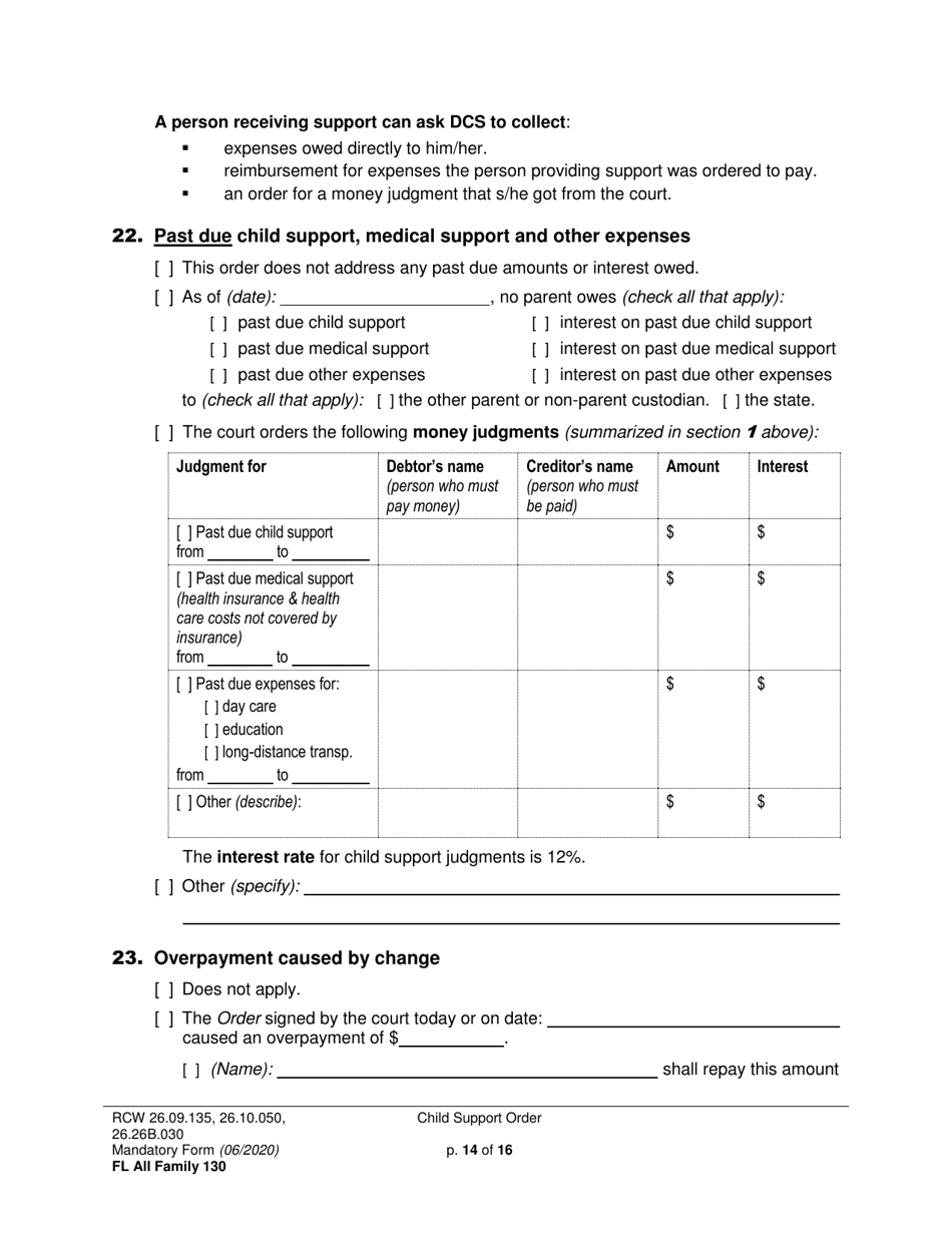 Form FL All Family130 Child Support Order - Washington, Page 14