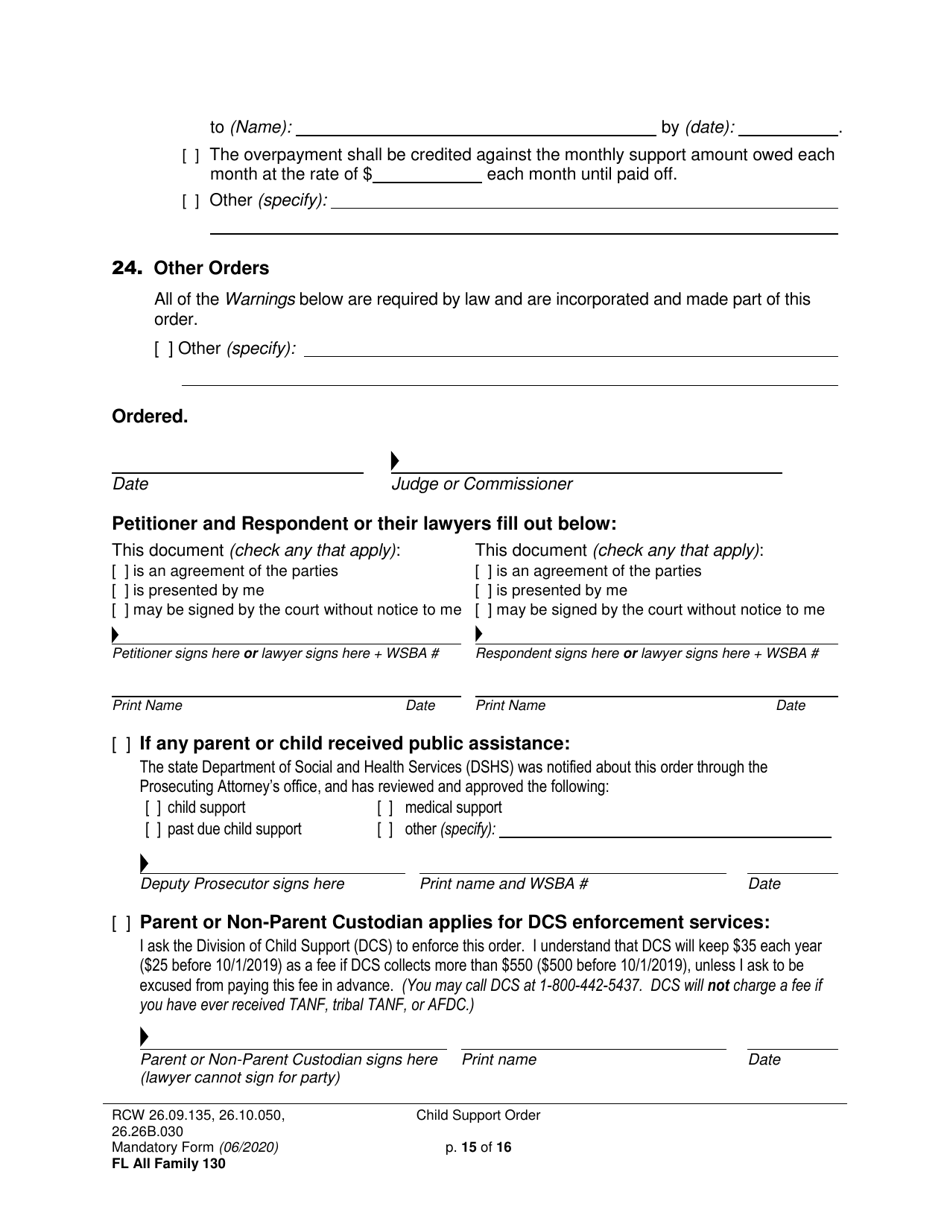 Form FL All Family130 Child Support Order - Washington, Page 15