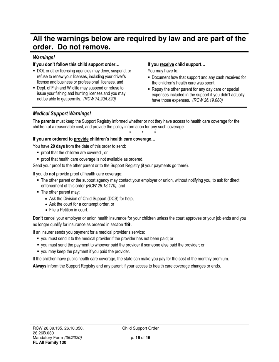 Form FL All Family130 Child Support Order - Washington, Page 16