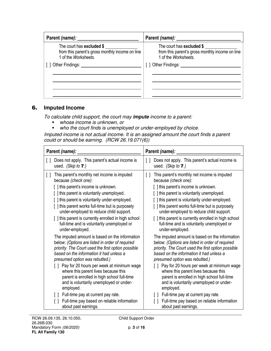 Form FL All Family130 Child Support Order - Washington, Page 3