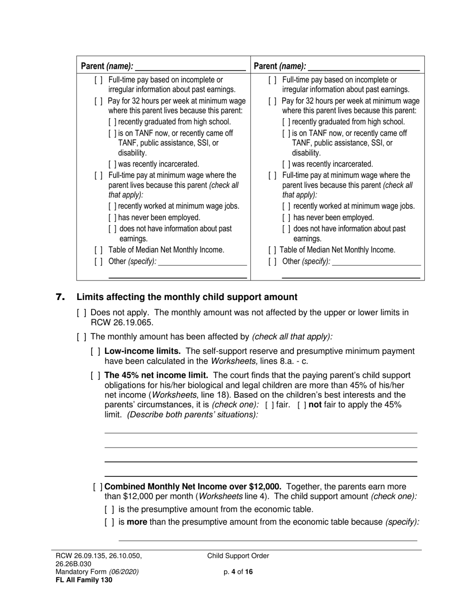 Form FL All Family130 Child Support Order - Washington, Page 4