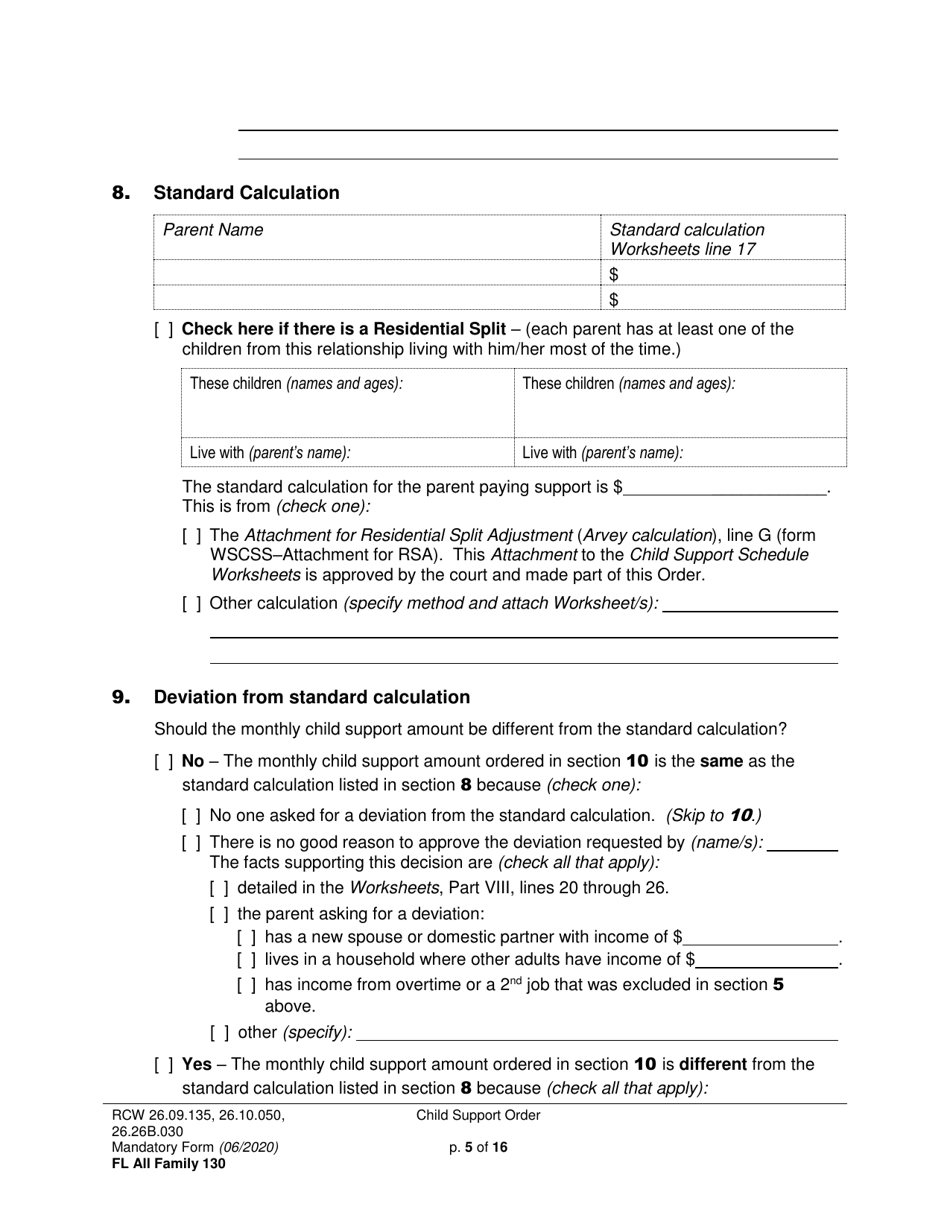 Form FL All Family130 Child Support Order - Washington, Page 5