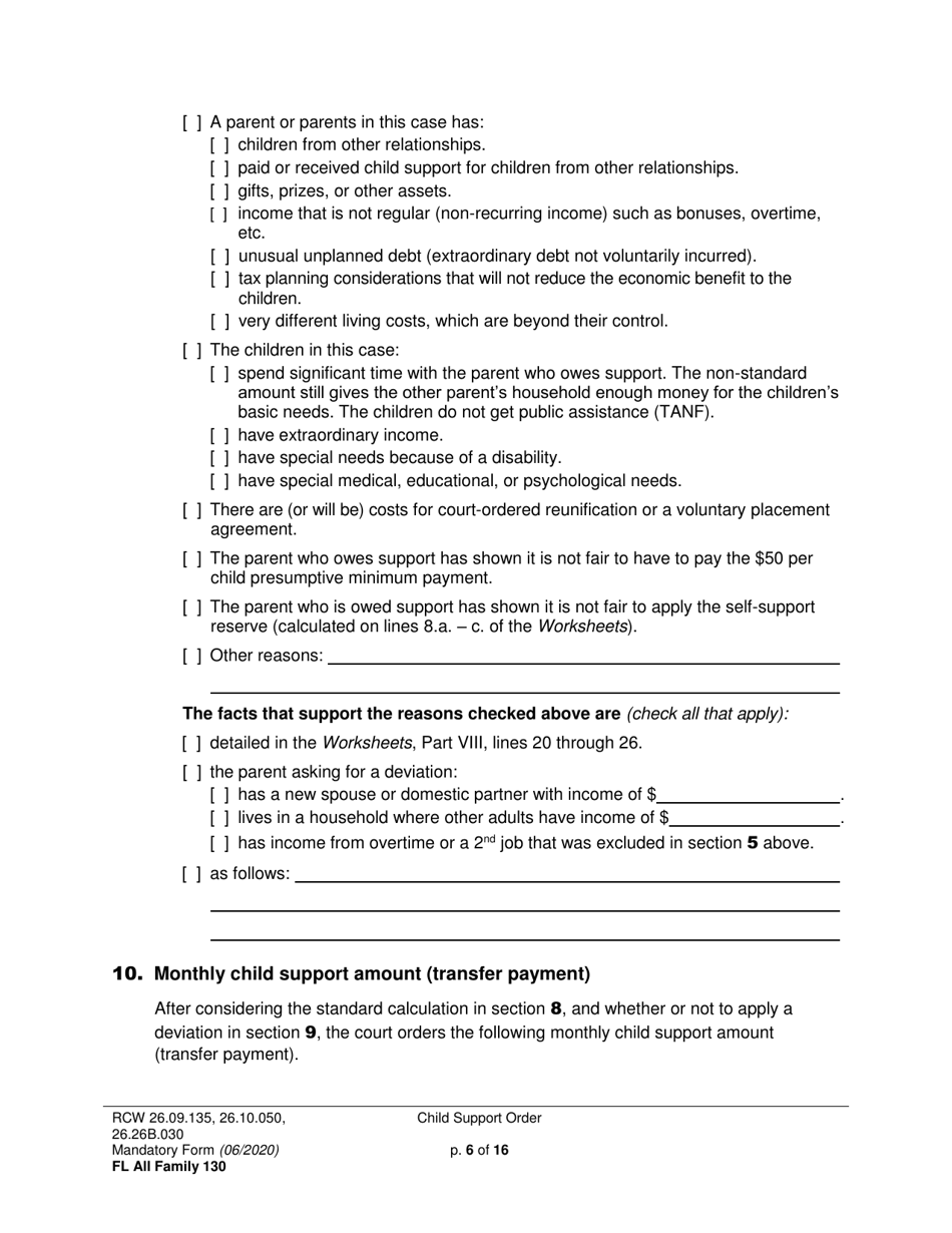Form FL All Family130 Child Support Order - Washington, Page 6