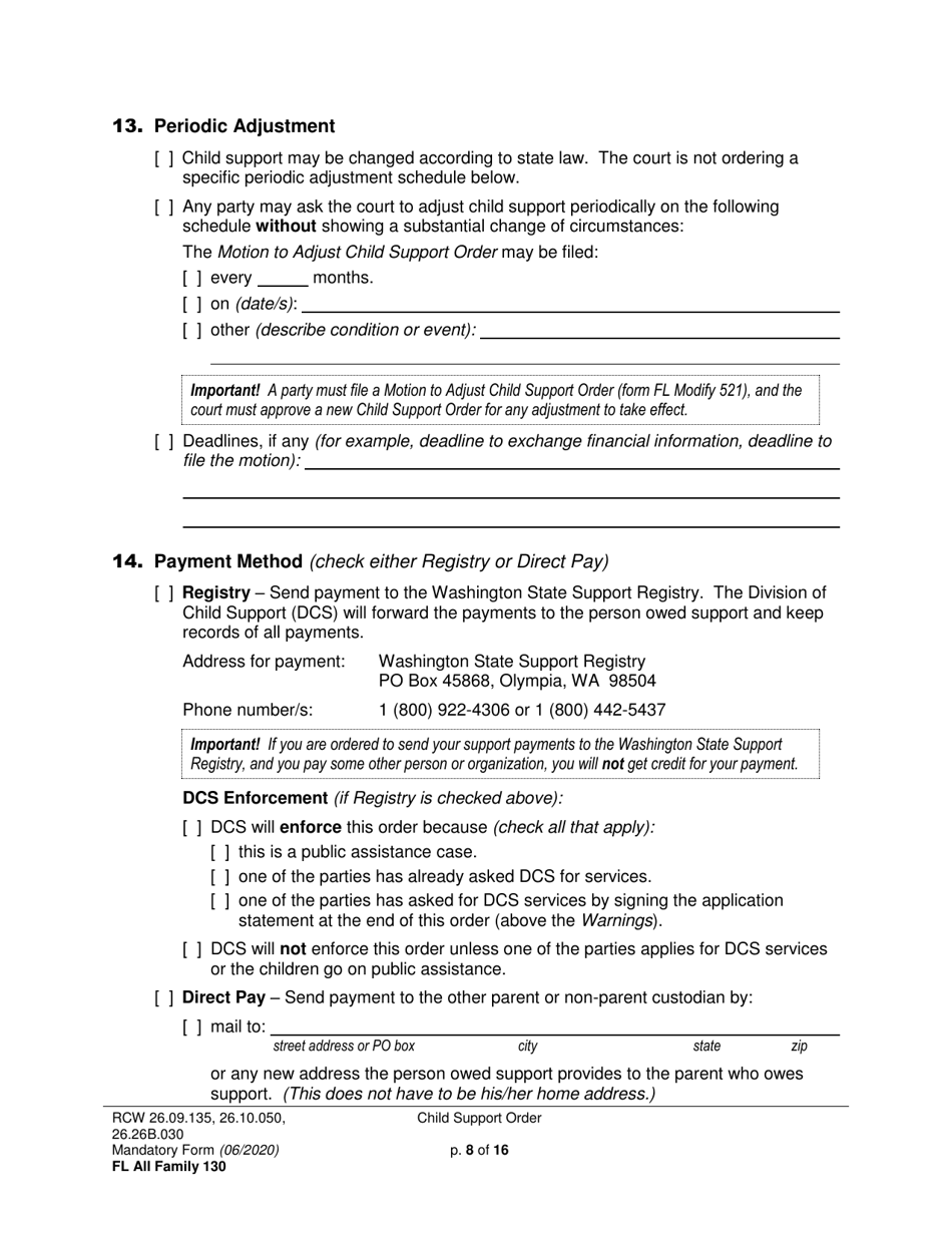 Form FL All Family130 Child Support Order - Washington, Page 8