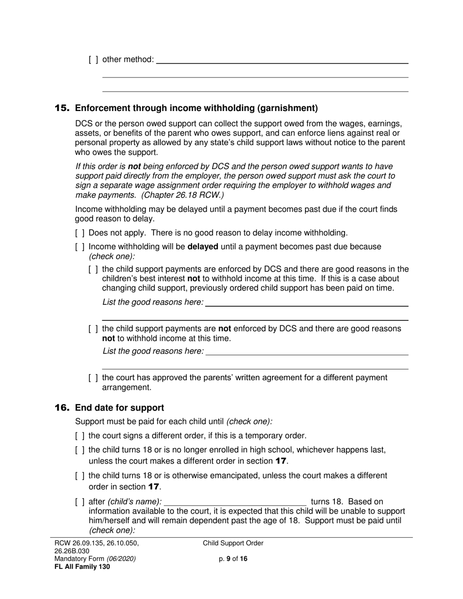 Form FL All Family130 Child Support Order - Washington, Page 9