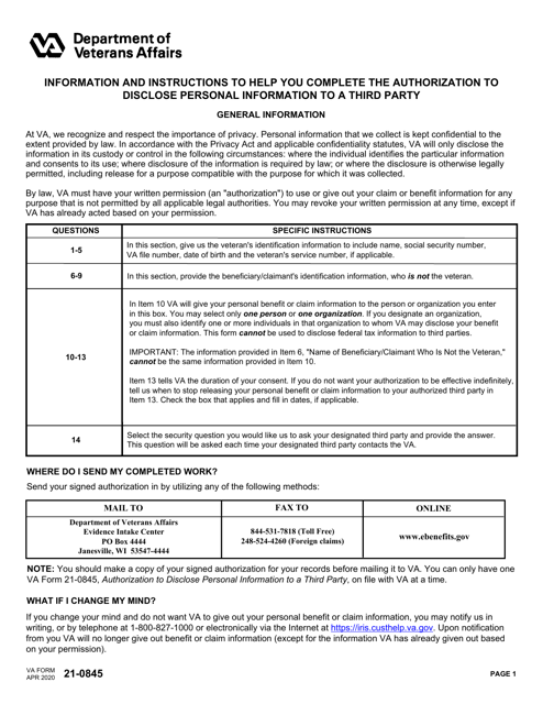 VA Form 21 0845 Download Fillable PDF Or Fill Online Authorization To 