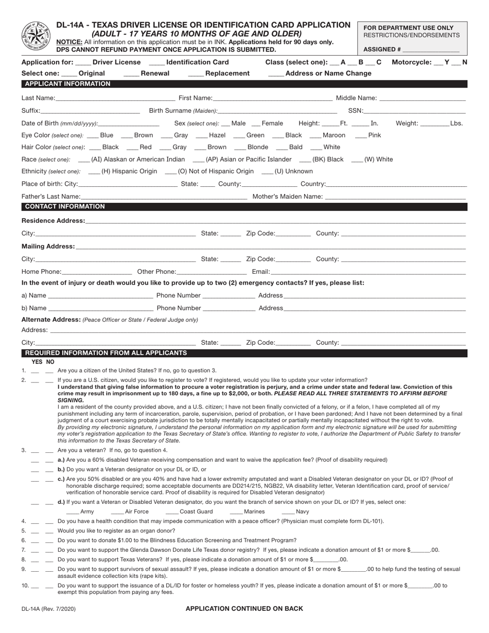 Form DL-14A Texas Driver License or Identification Card Application (Adult - 17 Years 10 Months of Age and Older) - Texas, Page 1