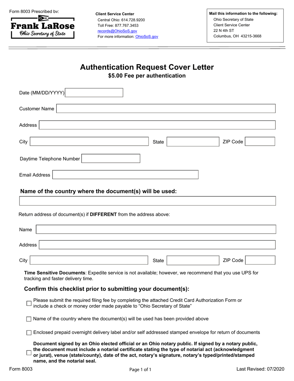 Form 8003 Authentication Request Cover Letter - Ohio, Page 1