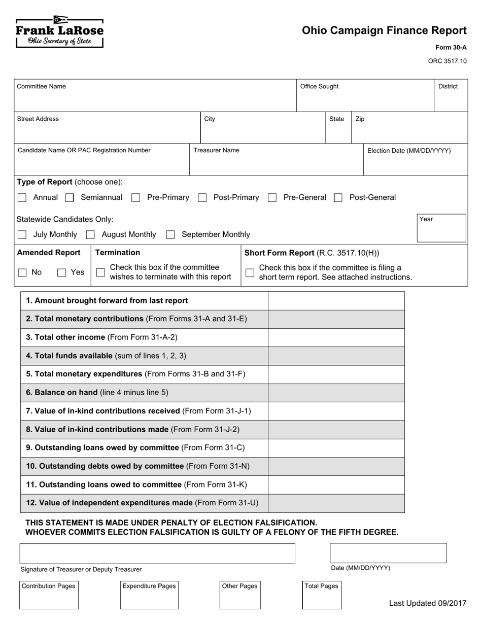 Form 30-A Ohio Campaign Finance Report - Ohio, Page 1
