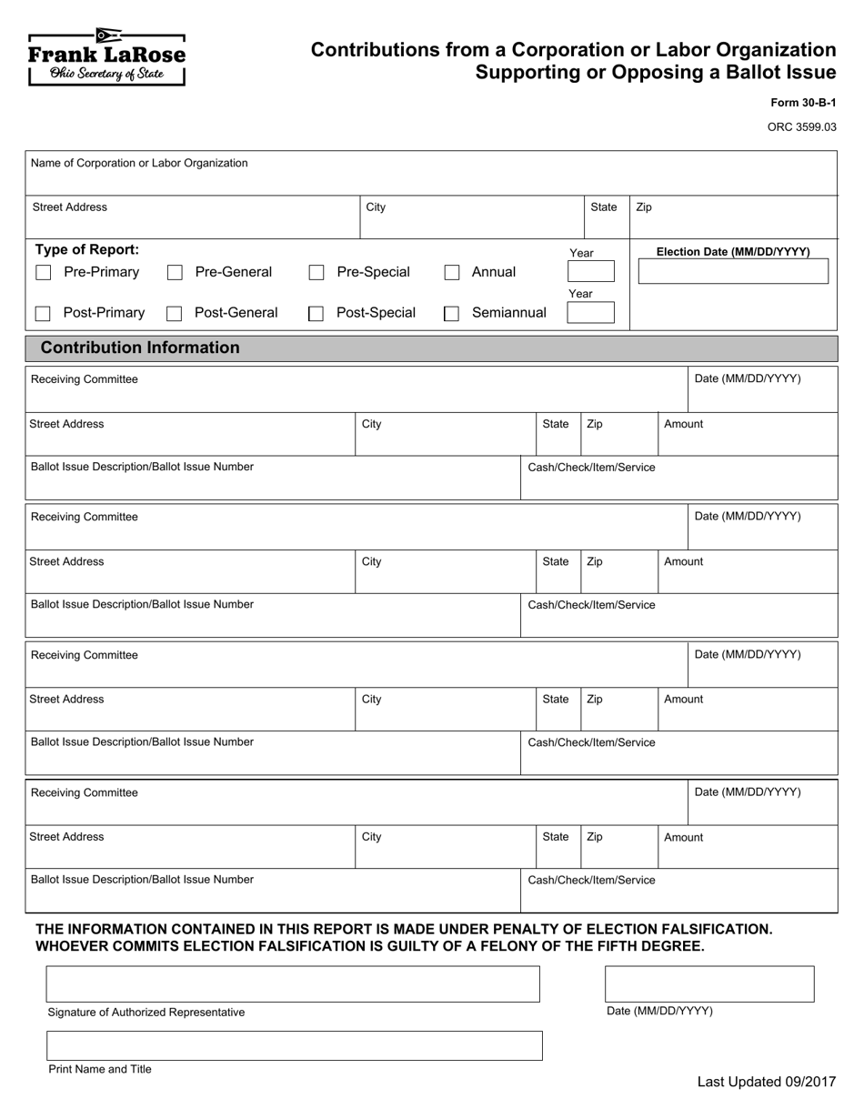 Form 30-B-1 Contributions From a Corporation or Labor Organization Supporting or Opposing a Ballot Issue - Ohio, Page 1