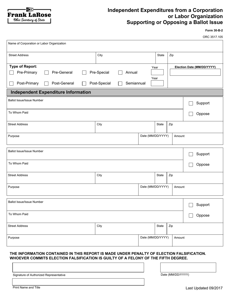Form 30-B-2 Independent Expenditures From a Corporation or Labor Organization Supporting or Opposing a Ballot Issue - Ohio, Page 1