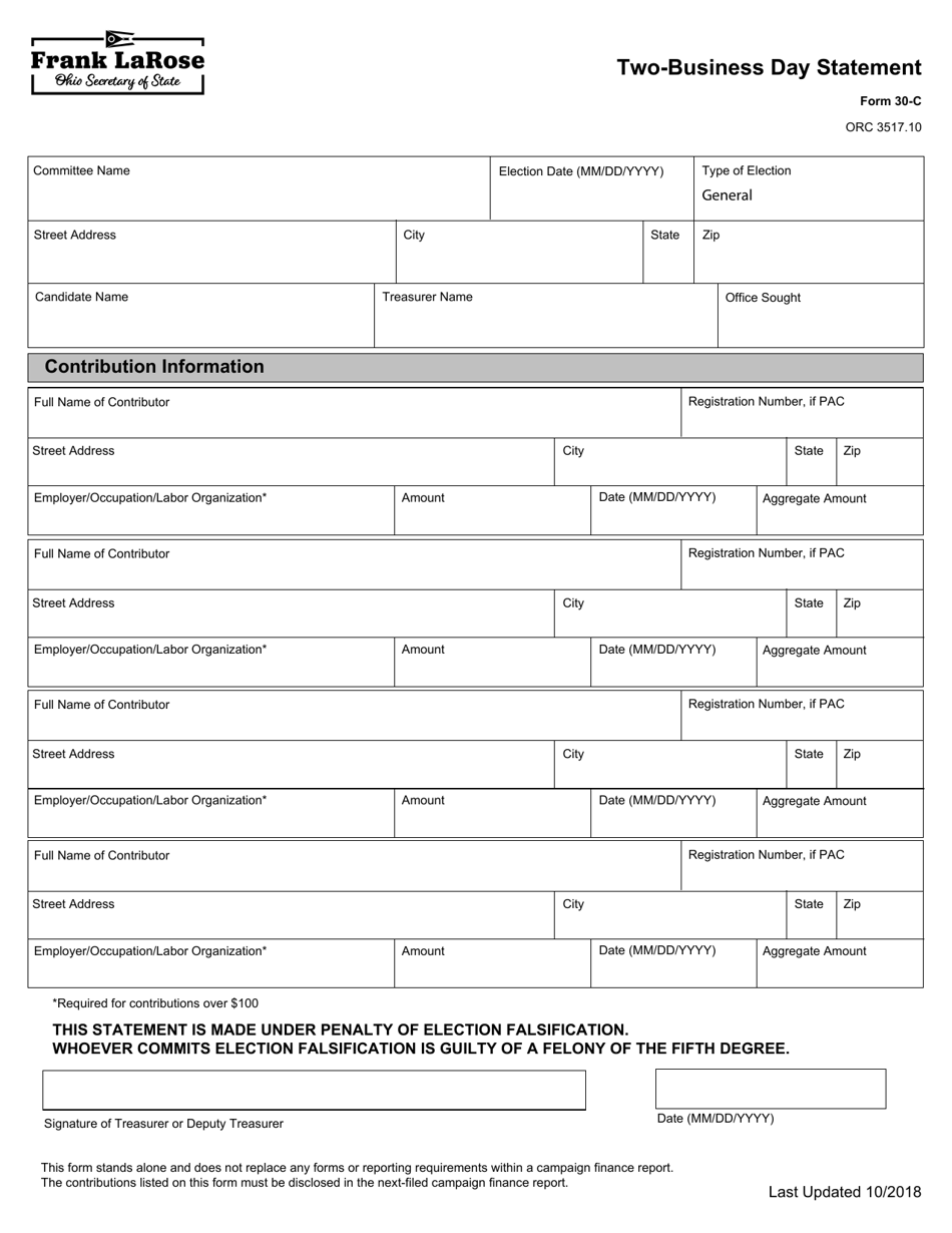 Form 30-C Two-Business Day Statement - Ohio, Page 1