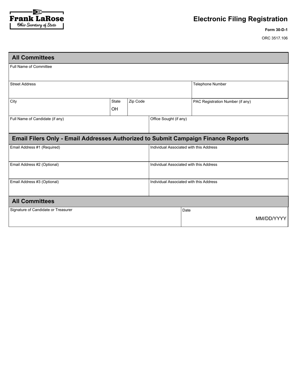 Form 30-D-1 Electronic Filing Registration - Ohio, Page 1