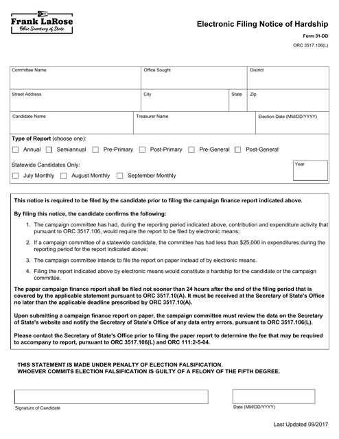 Form 31-DD Electronic Filing Notice of Hardship - Ohio