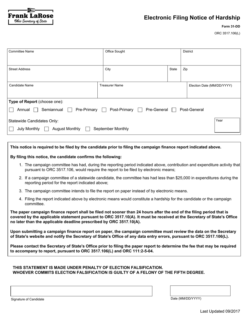 Form 31-DD Electronic Filing Notice of Hardship - Ohio, Page 1