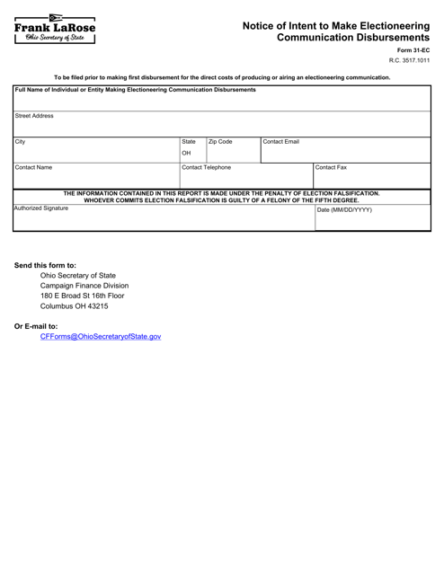 Form 31-EC Notice of Intent to Make Electioneering Communication Disbursements - Ohio