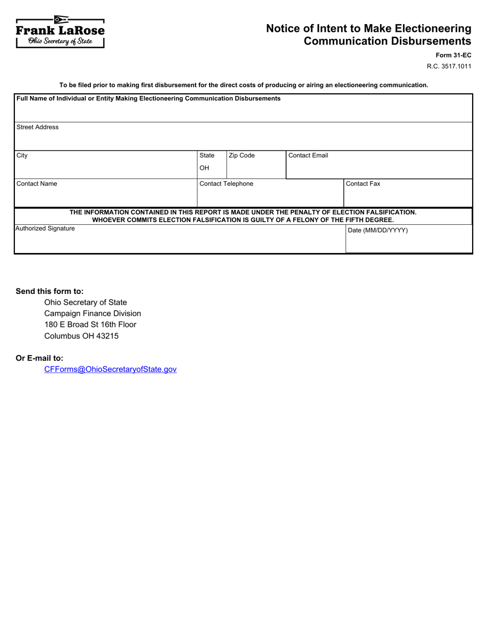 Form 31-EC Notice of Intent to Make Electioneering Communication Disbursements - Ohio, Page 1